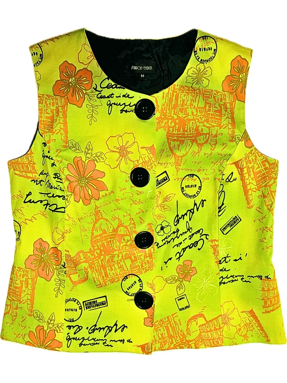 Vintage Sharon Endick Postcard Print Vest Chartreuse Green Paris Script Art - M